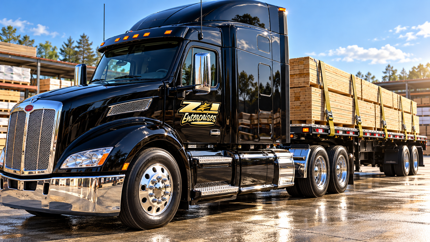 Black Z&I tractor hauling a strapped flatbed load mockup