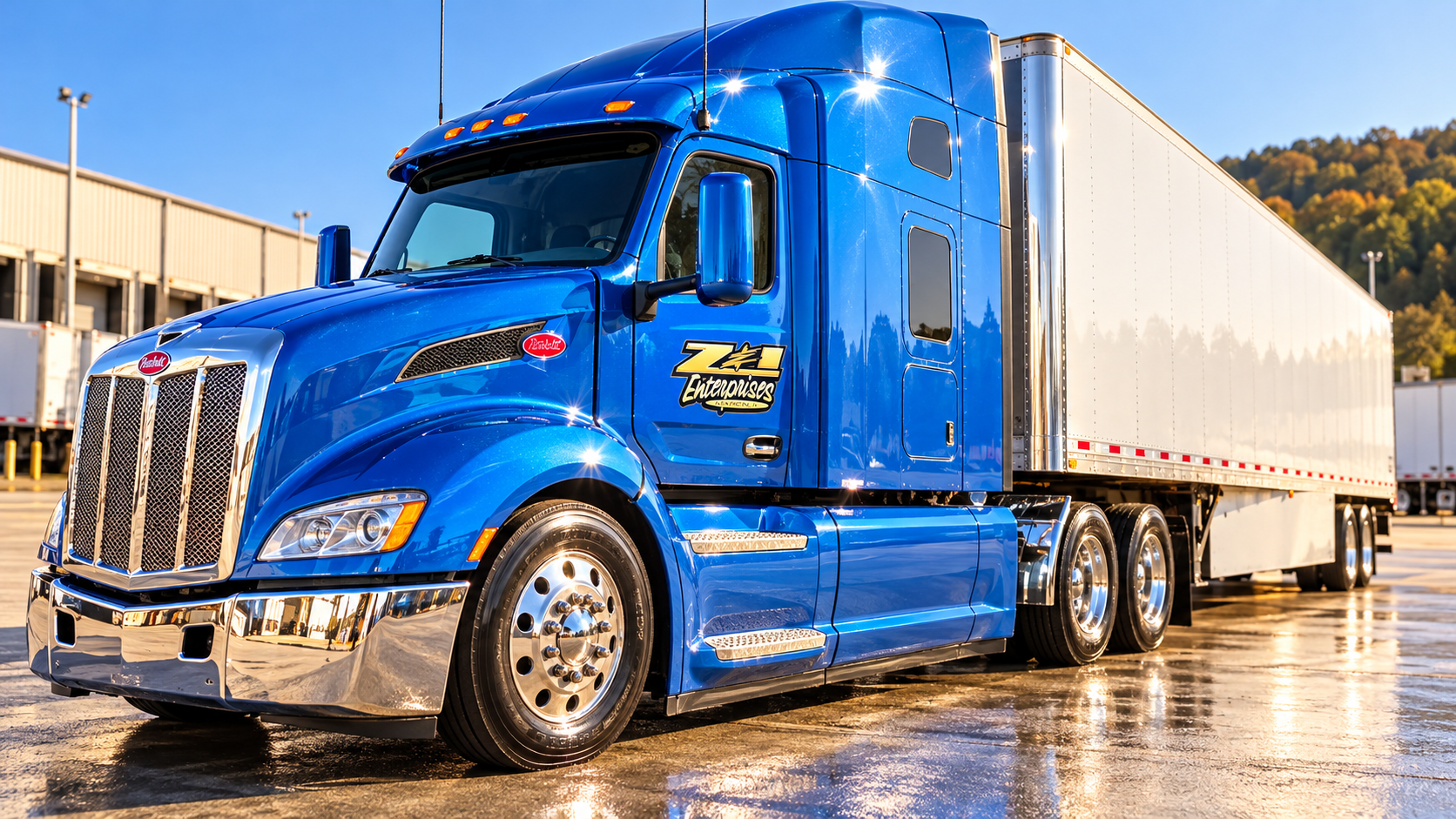 Polished blue Z&I tractor and dry van trailer mockup